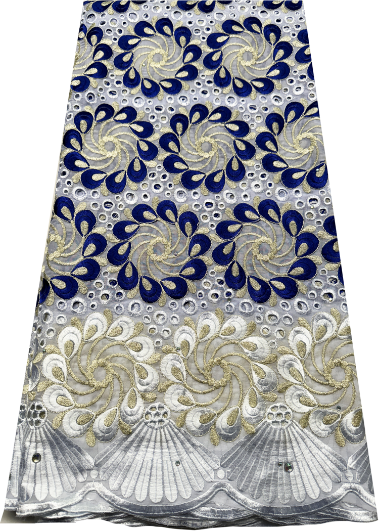 High End Super Quality Swiss Voile Lace- Dark Blue Gold White