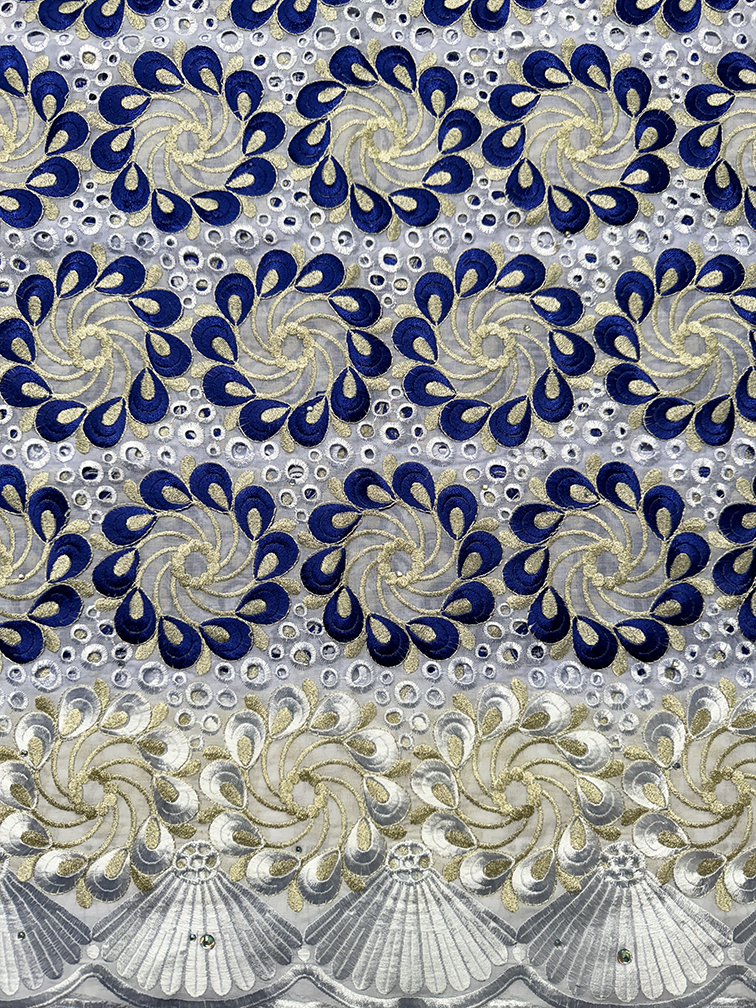 High End Super Quality Swiss Voile Lace- Dark Blue Gold White