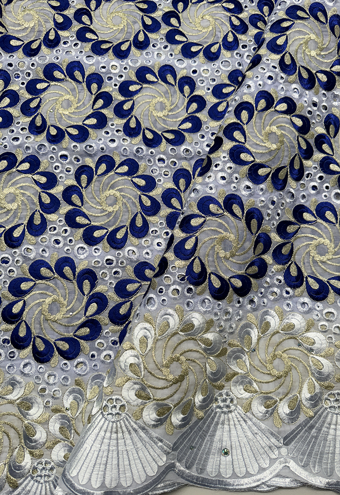 High End Super Quality Swiss Voile Lace- Dark Blue Gold White