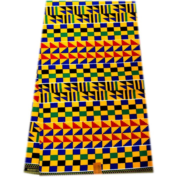 African Kente Cloth; Yellow, Blue, White