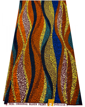 Exclusive Design Polyester African Wax Print- 	Tangerine-orange, Azure-blue, Turquoise, Yellow, Dark-brown, Black, Ivory-cream