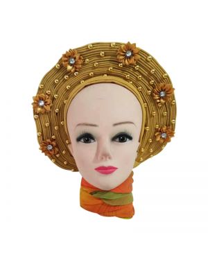Gold with flower Auto Gele Nigeria Headtie African  Head Wraps Gele with Shoulder  Shawl/ Strap with Stones - For all Occasions- 