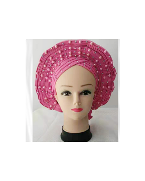 Pink with  Beads- Auto Gele Nigeria Headtie African  Head Wraps Gele with Shoulder  Shawl/ Strap with Stones - For all Occasions-