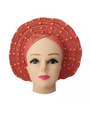 Peach with  Beads- Auto Gele Nigeria Headtie African  Head Wraps Gele with Shoulder  Shawl/ Strap with Stones - For all Occasions-