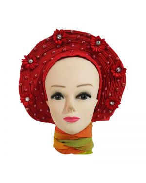 Red with  Beads and red flower- Auto Gele Nigeria Headtie African  Head Wraps Gele with Shoulder  Shawl/ Strap with Stones - For all Occasions-