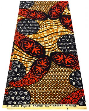 Exclusive Design African Wax Print- Floral Cotton-Blend/ Red-Orange, Black, Light-Gold, Dark-Blue, Cream