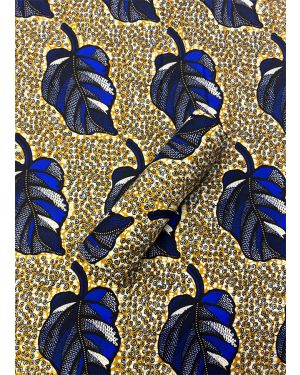 High Fashion Design African Wax Print-Leaves-Blue, Brown, Burnt-Orange, Black