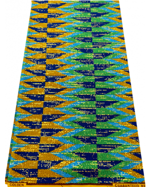 African Metallic Gold Kente Prints in Authentic Design- Lime-Green, Azure-Blue, Metallic-Gold, Red, Golden-Brown