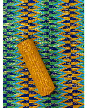 African Metallic Gold Kente Prints in Authentic Design- Lime-Green, Azure-Blue, Metallic-Gold, Red, Golden-Brown