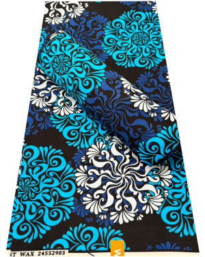 Cotton Blend High Quality Exclusive Design African Wax- Black, Sky-blue, White, Blue-violet