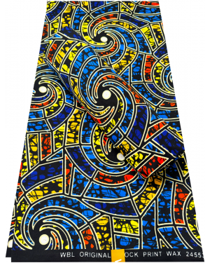 Polyester African Wax Print -Royal-blue, Azure-blue, Orange, Yellow, Ivory-cream, Black, Light-orange