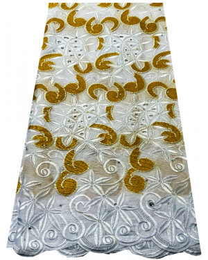 Swiss Voile Lace Fabric /Exotic Collection of 100% Cotton Swiss Voile Lace Fabric- White and Gold