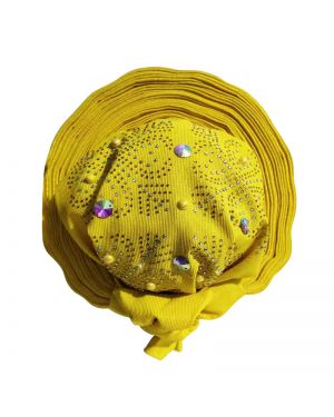 Yellow  with  Beads- Auto Gele Nigeria Headtie African  Head Wraps Gele with Shoulder  Shawl/ Strap with Stones - For all Occasions-