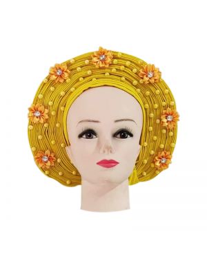 Yellow with  Beads and orange flower- Auto Gele Nigeria Headtie African  Head Wraps Gele with Shoulder  Shawl/ Strap with Stones - For all Occasions-