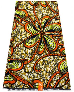 Exclusive Design African Wax Print-Orange, Lime-Green, Light-gold, White, Black, 