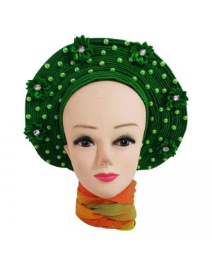 Green with  Beads and flower- Auto Gele Nigeria Headtie African  Head Wraps Gele with Shoulder  Shawl/ Strap with Stones - For all Occasions-