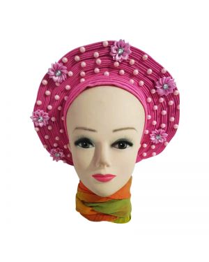 Pink with  Beads and flower- Auto Gele Nigeria Headtie African  Head Wraps Gele with Shoulder  Shawl/ Strap with Stones - For all Occasions-
