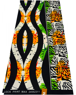 Cotton Polyester African Wax Prints Fabrics - 	Orange, Yellow, Lime-green, White, Forest-green, Black