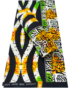 Cotton Polyester African Wax Prints Fabrics - 	Orange, Yellow, Lime-green, White, Forest-green, Black