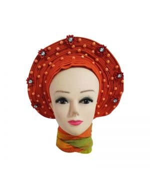 Orange with  Beads and flower- Auto Gele Nigeria Headtie African  Head Wraps Gele with Shoulder  Shawl/ Strap with Stones - For all Occasions-