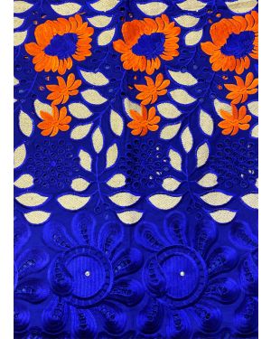 High Quality Swiss Voile Lace - Red-Orange, Royal Blue & Metallic Light Gold