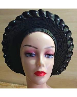 BLACK  - Auto Gele Nigeria Headtie African  Head Wraps Gele with Shoulder  Shawl/ Strap with Stones - For all Occasions-