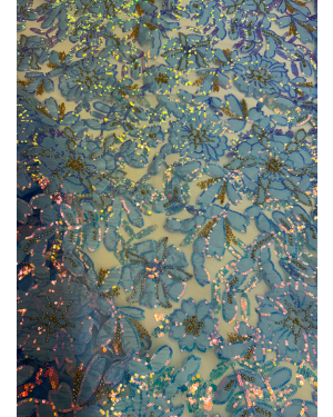 African Net Lace Fabric Exclusive NEW Arrival Lace in Pale/Sky Blue Color Floral Design, Iridescent Sequin,  Gold Stone
