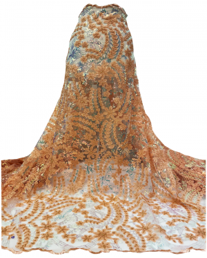 Exclusive NEW Arrival Lace in Cantaloupe  Color Iridescent Sequin, Pearls 3D Floral Design