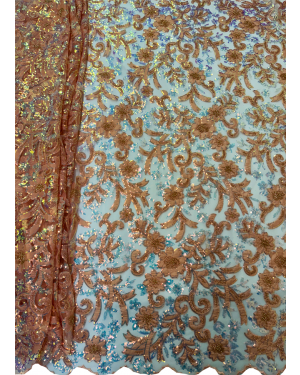  Exclusive NEW Arrival Lace in Cantaloupe Color Floral Design, Iridescent Sequin, African Net Lace Fabric with  Gold Stone