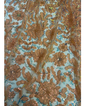 African Net Lace Fabric Exclusive NEW Arrival Lace in Cantaloupe Color Floral Design, Iridescent Sequin,  Gold Stone