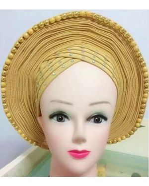 GOLD with Gold Beads- Auto Gele Nigeria Headtie African  Head Wraps Gele with Shoulder  Shawl/ Strap with Stones - For all Occasions-
