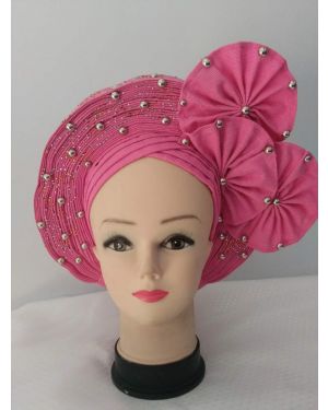 Pink Auto Gele Headtie African  Head Wraps Gele with Shoulder  Shawl/ Strap with Stones - For all Occasions- 