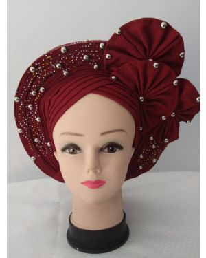 Burgundy Auto Gele Headtie African  Head Wraps Gele with Shoulder  Shawl/ Strap with Stones - For all Occasions- 