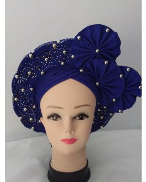 Blue Auto Gele Headtie African  Head Wraps Gele with Shoulder  Shawl/ Strap with Stones - For all Occasions- 