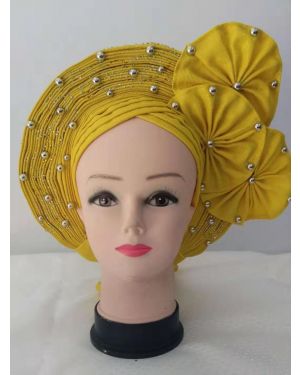 Yellow  Auto Gele Headtie African  Head Wraps Gele with Shoulder  Shawl/ Strap with Stones - For all Occasions- 