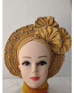 Gold Auto Gele Headtie African  Head Wraps Gele with Shoulder  Shawl/ Strap with Stones - For all Occasions- 