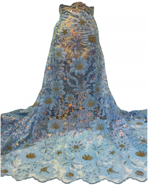 African Net Lace Fabric Exclusive NEW Arrival Lace in Pale Blue Color Floral Design, Iridescent Sequin,  Gold Stone