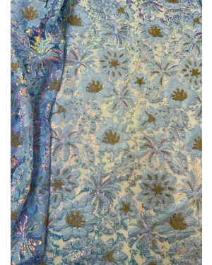 African Net Lace Fabric Exclusive NEW Arrival Lace in Pale Blue Color Floral Design, Iridescent Sequin,  Gold Stone