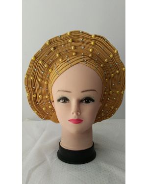 Gold with  Beads- Auto Gele Nigeria Headtie African  Head Wraps Gele with Shoulder  Shawl/ Strap with Stones - For all Occasions-