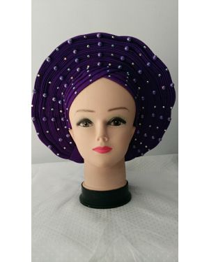 Purple with  Beads- Auto Gele Nigeria Headtie African  Head Wraps Gele with Shoulder  Shawl/ Strap with Stones - For all Occasions-