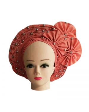 Peach  Auto Gele Headtie African  Head Wraps Gele with Shoulder  Shawl/ Strap with Stones - For all Occasions- 