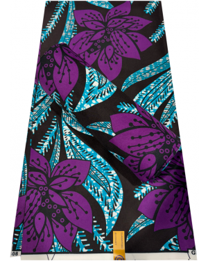 Cotton Blend African Wax Print - Floral- Purple , Dark-Brown, Black, White, Tiffany Blue