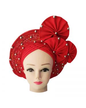 RED with flower Auto Gele Nigeria Headtie African  Head Wraps Gele with Shoulder  Shawl/ Strap with Stones - For all Occasions- 
