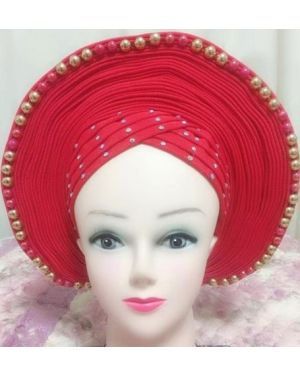 RED with Gold/Red Beads- Auto Gele Nigeria Headtie African  Head Wraps Gele with Shoulder  Shawl/ Strap with Stones - For all Occasions-