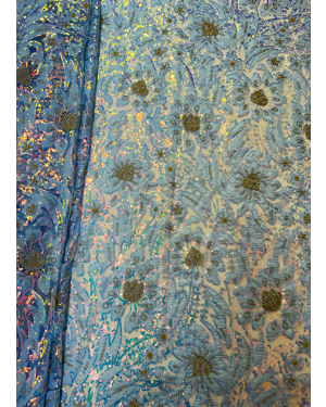 African Net Lace Fabric Exclusive NEW Arrival Lace in Pale Blue Color Floral Design, Iridescent Sequin, Stone