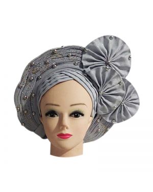 silver Auto Gele Nigeria Headtie African  Head Wraps Gele with Shoulder  Shawl/ Strap with Stones - For all Occasions- 