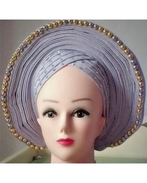 SILVER with Gold/Silver Beads- Auto Gele Nigeria Headtie African  Head Wraps Gele with Shoulder  Shawl/ Strap with Stones - For all Occasions-